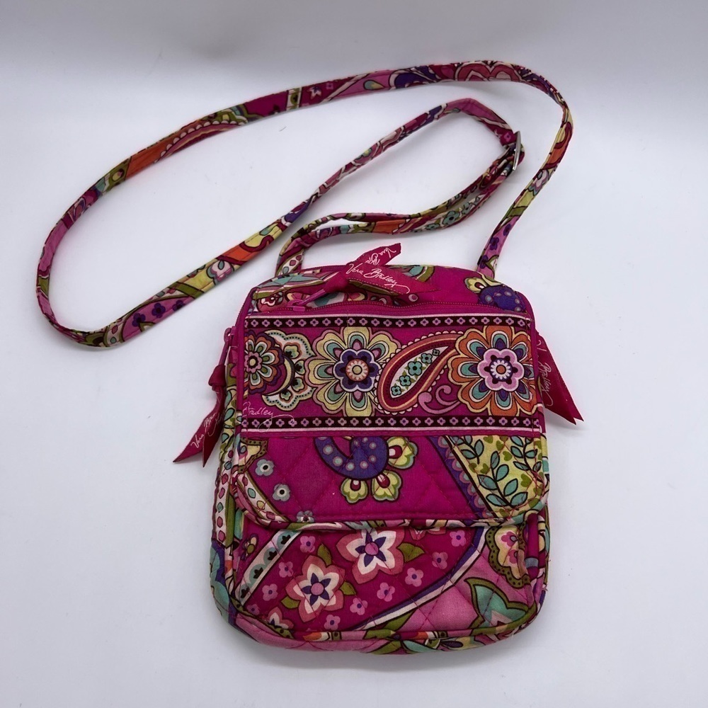 VERA BRADLEY SMALL CROSSBODY BAG WITH LOTS OF POCKETS VIBRANT PINK, ORANGE